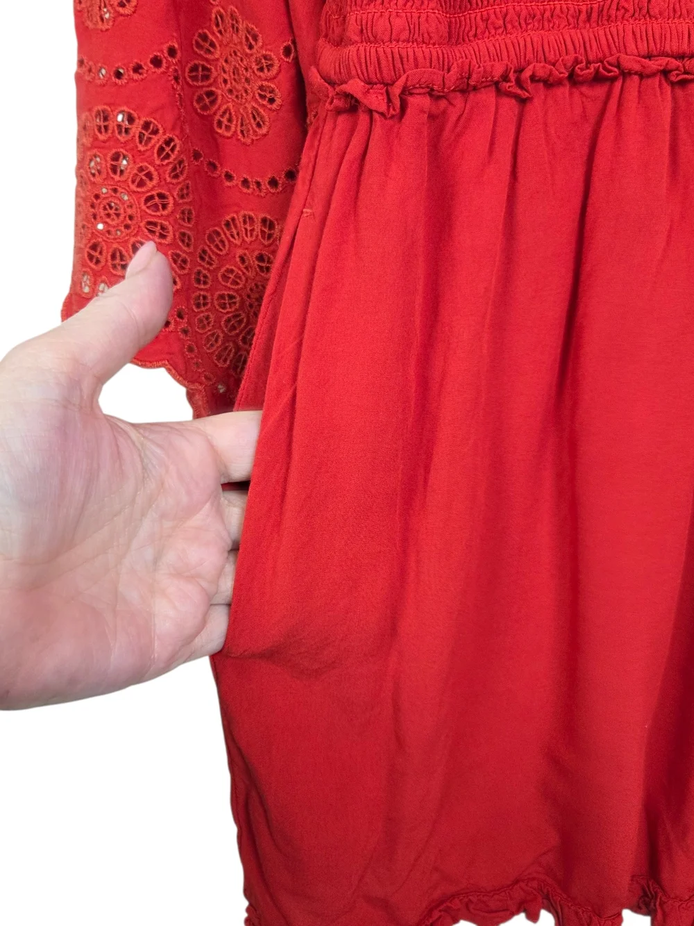 American Eagle Outfitters Blood Orange Tie-Front Romper with Eyelet Bell Sleeves - Picture 5 of 9